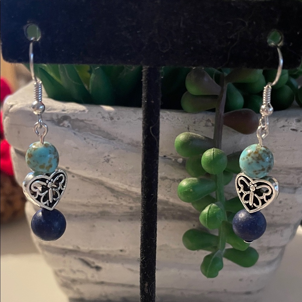 Chic Silver Heart Earrings with Blue and Turquoise Beads